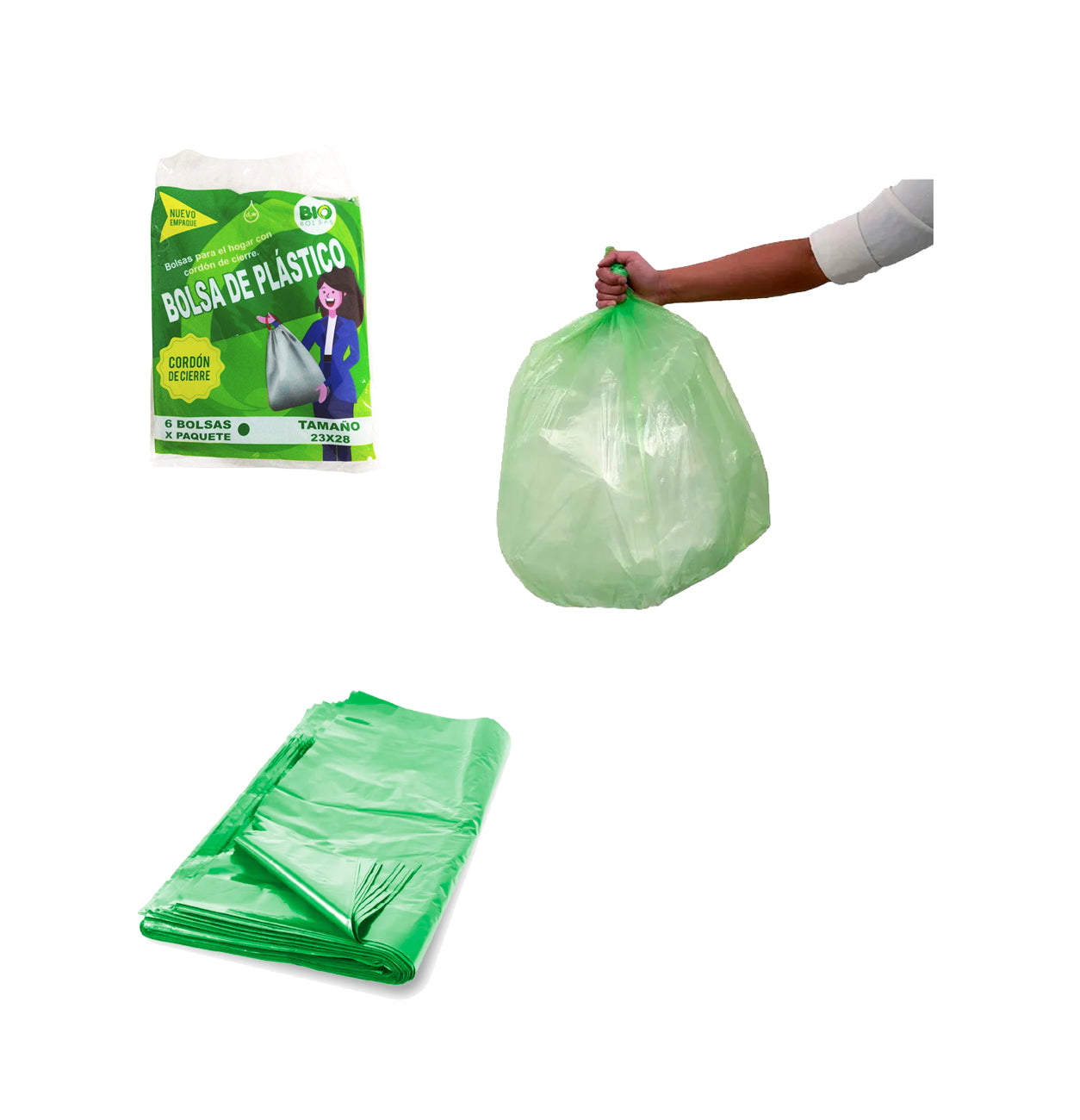 Bolsa Plástica Con Cordón De Cierre Verde 23x28" 6PCS