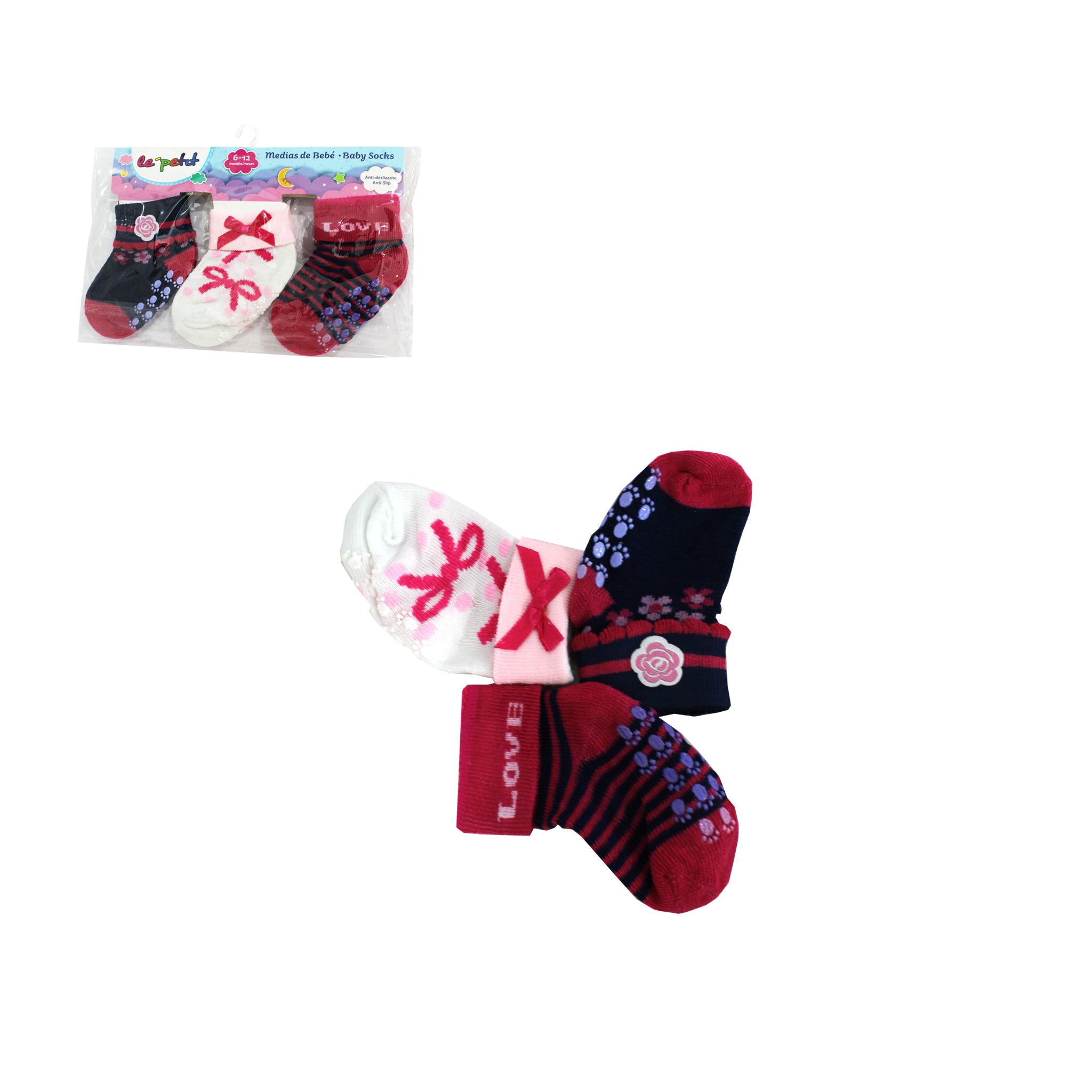 Medias  Antideslizantes Colores Y Diseños Surtidos   6-12M 3PCS